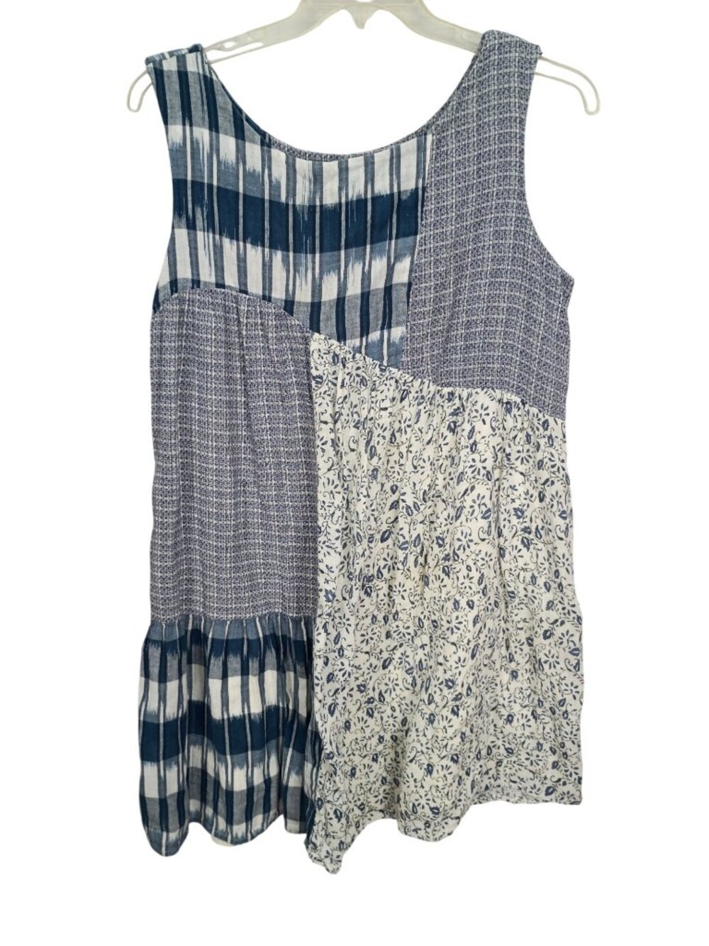 Patchwork Sleeveless Dress‎ Holding Horses Blue White Floral & Plaid Patterns XL
